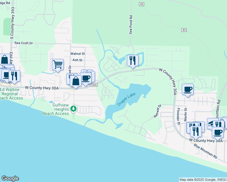 map of restaurants, bars, coffee shops, grocery stores, and more near 7 Draper Lane in Santa Rosa Beach
