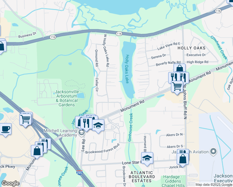 map of restaurants, bars, coffee shops, grocery stores, and more near 1535 West Holly Oaks Lake Road in Jacksonville