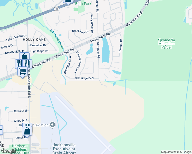 map of restaurants, bars, coffee shops, grocery stores, and more near 11155 Oak Ridge Drive South in Jacksonville