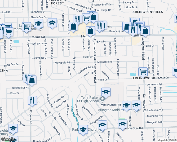 map of restaurants, bars, coffee shops, grocery stores, and more near 7043 Alana Road in Jacksonville