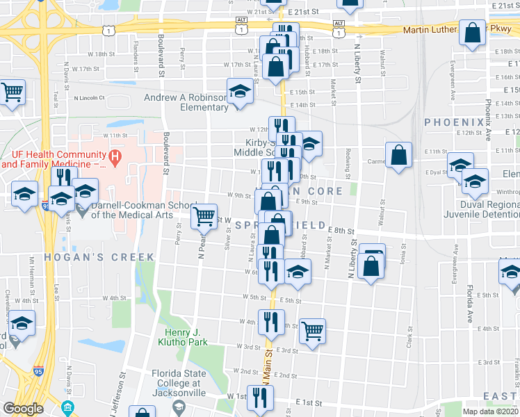 map of restaurants, bars, coffee shops, grocery stores, and more near 1830 North Laura Street in Jacksonville