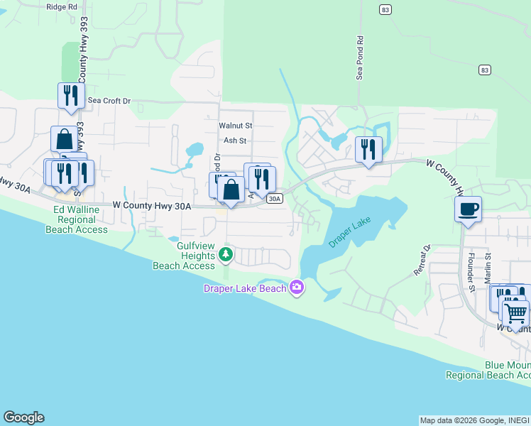map of restaurants, bars, coffee shops, grocery stores, and more near 72 Vicki Street in Santa Rosa Beach