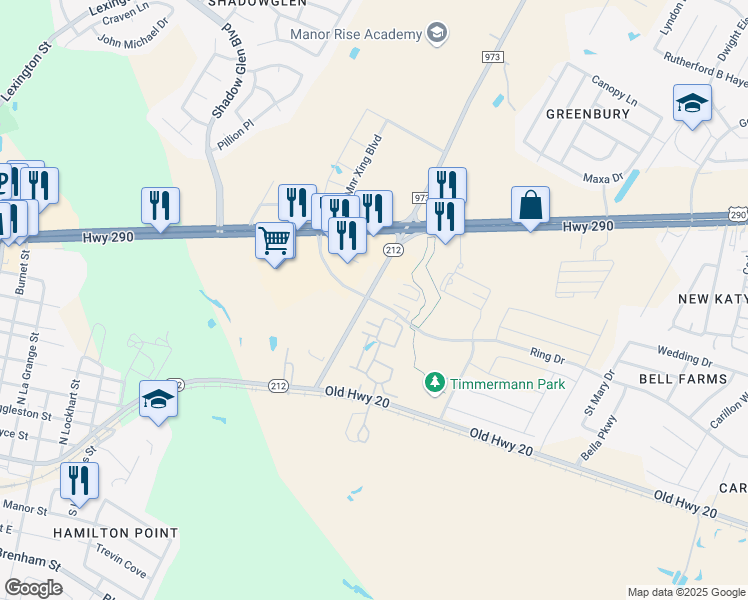 map of restaurants, bars, coffee shops, grocery stores, and more near 12782-12948 Farm to Market 973 in Manor