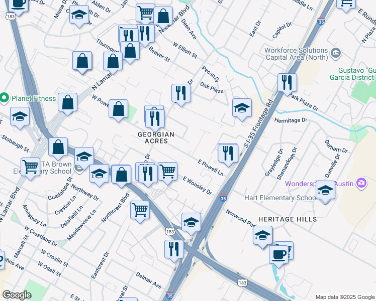 map of restaurants, bars, coffee shops, grocery stores, and more near 302 East Powell Lane in Austin