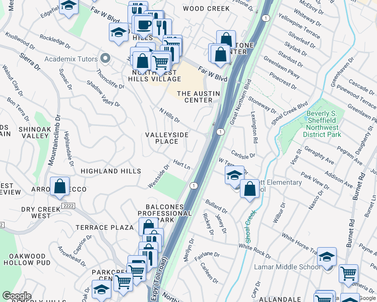 map of restaurants, bars, coffee shops, grocery stores, and more near 6533 East Hill Drive in Austin