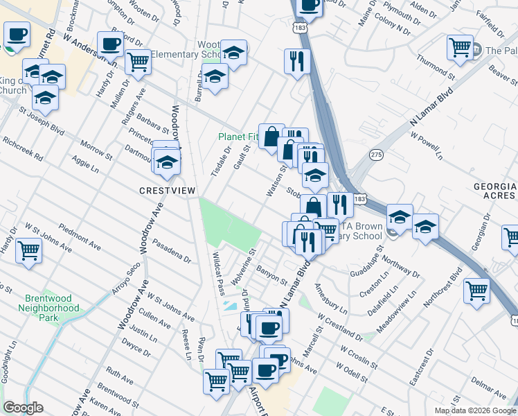 map of restaurants, bars, coffee shops, grocery stores, and more near 1011 Taulbee Lane in Austin