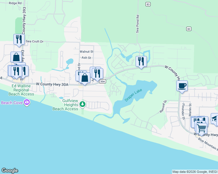 map of restaurants, bars, coffee shops, grocery stores, and more near 40 West Cedar Bend Road in Santa Rosa Beach