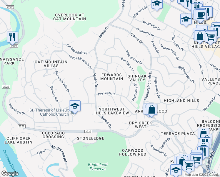 map of restaurants, bars, coffee shops, grocery stores, and more near 4008 Dry Creek Drive in Austin