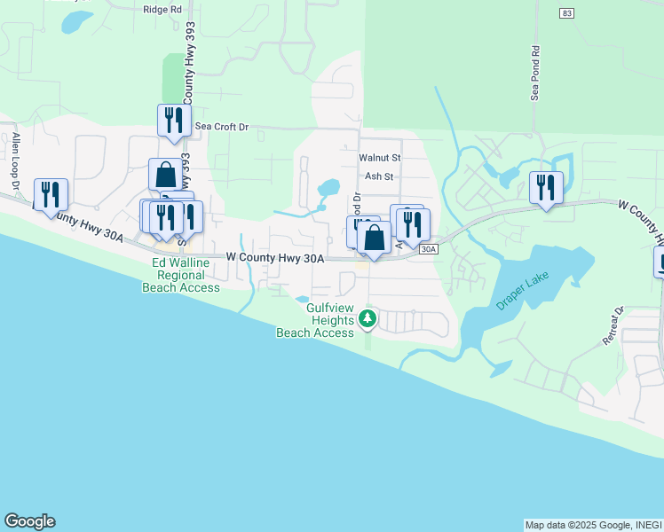 map of restaurants, bars, coffee shops, grocery stores, and more near 3959 West County Highway 30A in Santa Rosa Beach