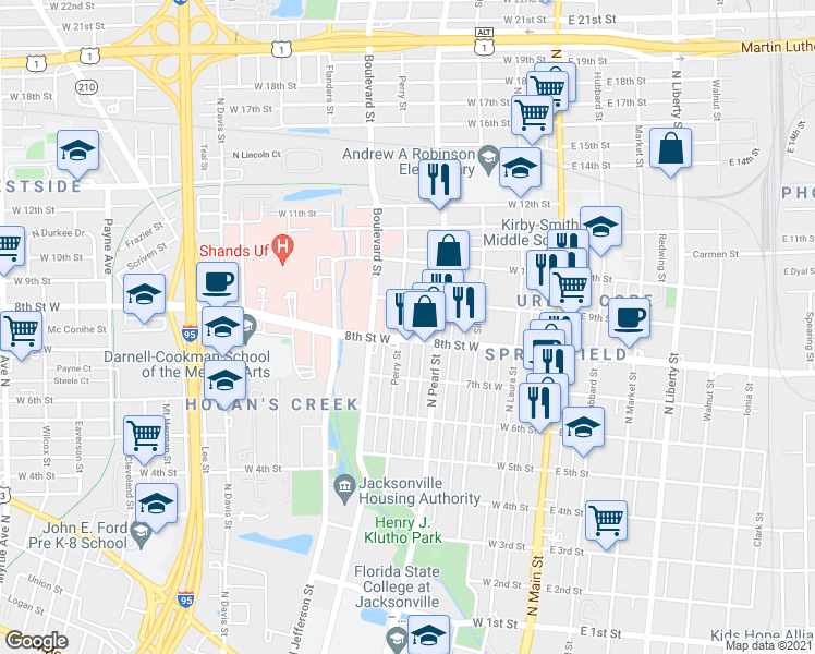 map of restaurants, bars, coffee shops, grocery stores, and more near 1815 Perry Street in Jacksonville
