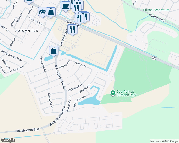map of restaurants, bars, coffee shops, grocery stores, and more near 10837 Hillmont Avenue in Baton Rouge