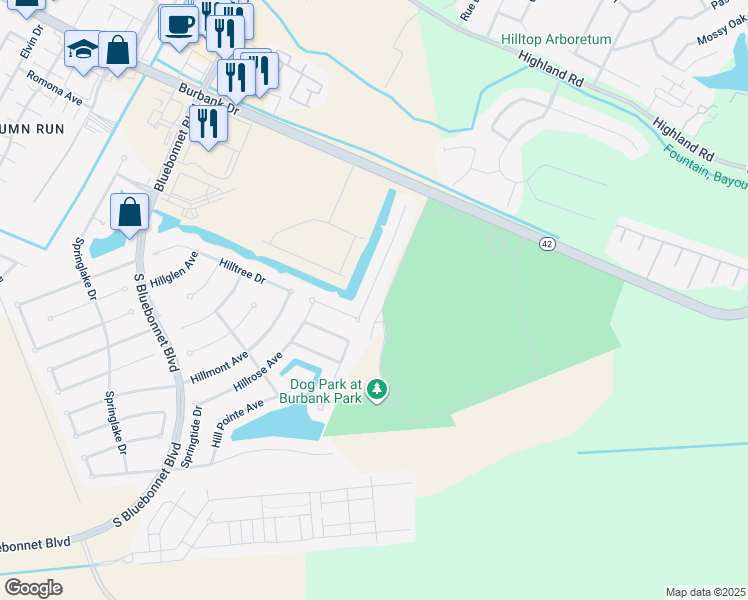 map of restaurants, bars, coffee shops, grocery stores, and more near 10950 Hillpark Avenue in Baton Rouge