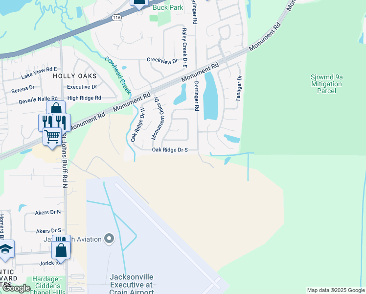 map of restaurants, bars, coffee shops, grocery stores, and more near 11155 Oak Ridge Drive South in Jacksonville