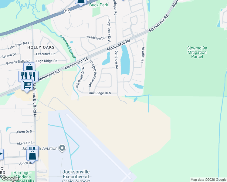 map of restaurants, bars, coffee shops, grocery stores, and more near 11155 Oak Ridge Drive South in Jacksonville