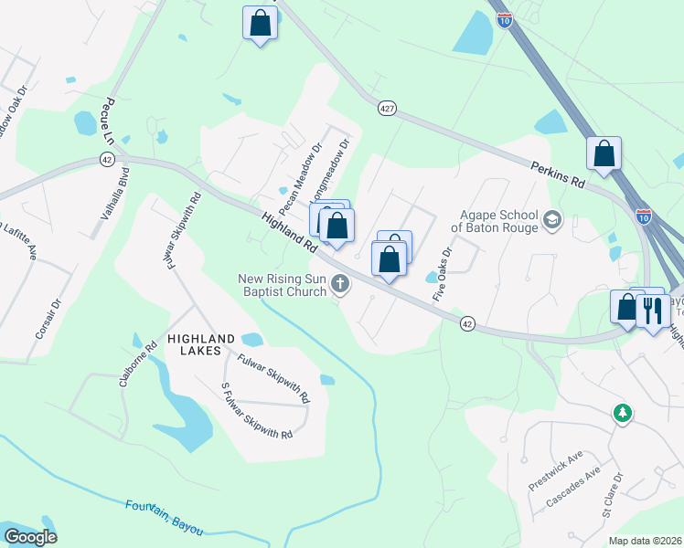 map of restaurants, bars, coffee shops, grocery stores, and more near 16550 Highland Road in Baton Rouge