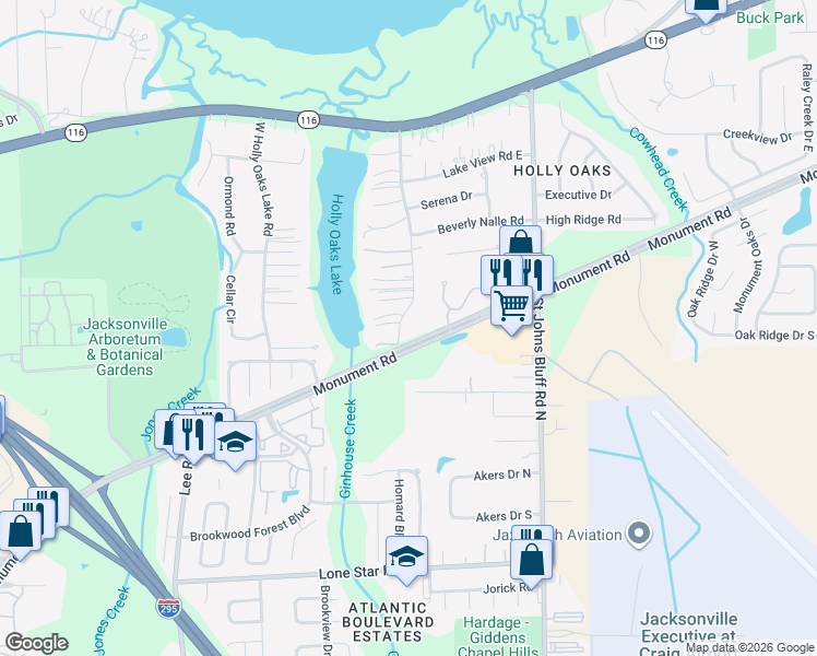 map of restaurants, bars, coffee shops, grocery stores, and more near 1527 East Holly Oaks Lake Road in Jacksonville