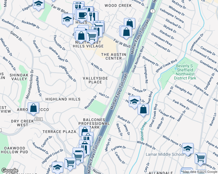 map of restaurants, bars, coffee shops, grocery stores, and more near 6533 East Hill Drive in Austin