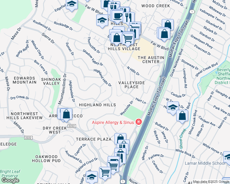 map of restaurants, bars, coffee shops, grocery stores, and more near 3510 Wendel Cove in Austin