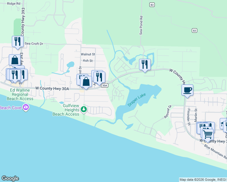 map of restaurants, bars, coffee shops, grocery stores, and more near 40 West Cedar Bend Road in Santa Rosa Beach