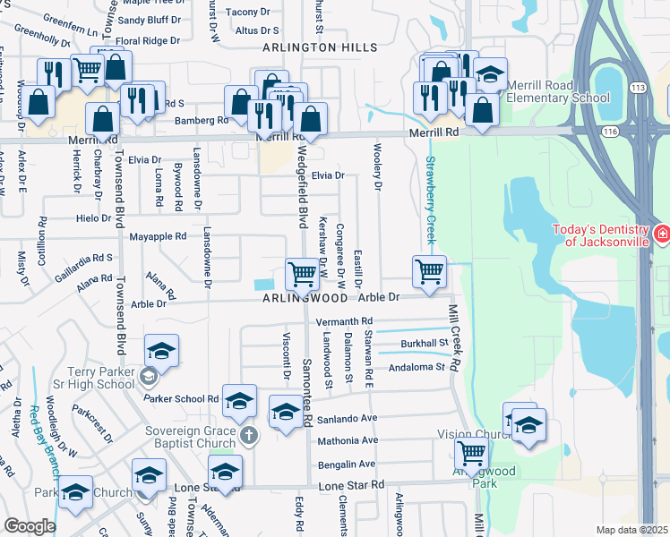 map of restaurants, bars, coffee shops, grocery stores, and more near 2518 W Congaree Dr in Jacksonville