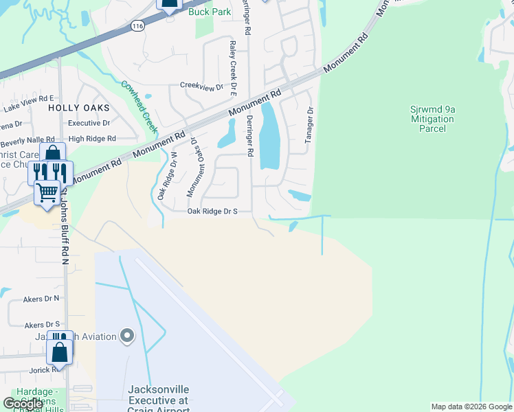 map of restaurants, bars, coffee shops, grocery stores, and more near 1515 Derringer Road in Jacksonville