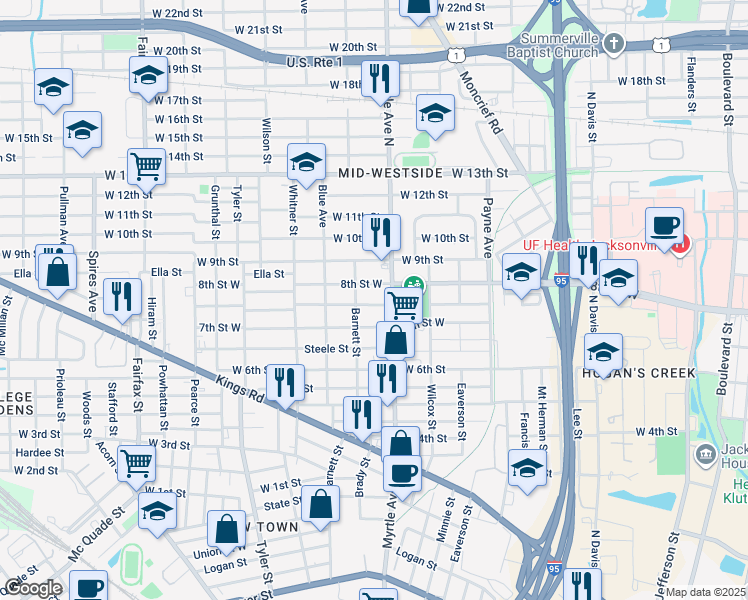 map of restaurants, bars, coffee shops, grocery stores, and more near 1339 Mc Conihe Street in Jacksonville