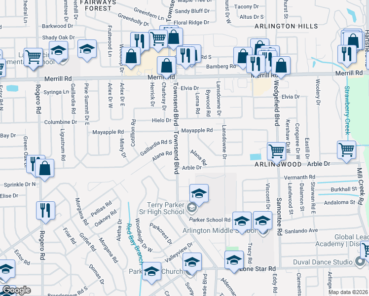 map of restaurants, bars, coffee shops, grocery stores, and more near 2503 Townsend Boulevard in Jacksonville