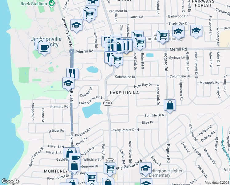 map of restaurants, bars, coffee shops, grocery stores, and more near 5926 Redberry Lane in Jacksonville
