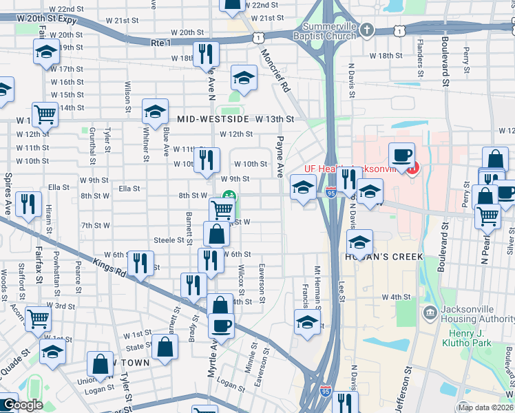 map of restaurants, bars, coffee shops, grocery stores, and more near 1230 Mc Conihe Street in Jacksonville