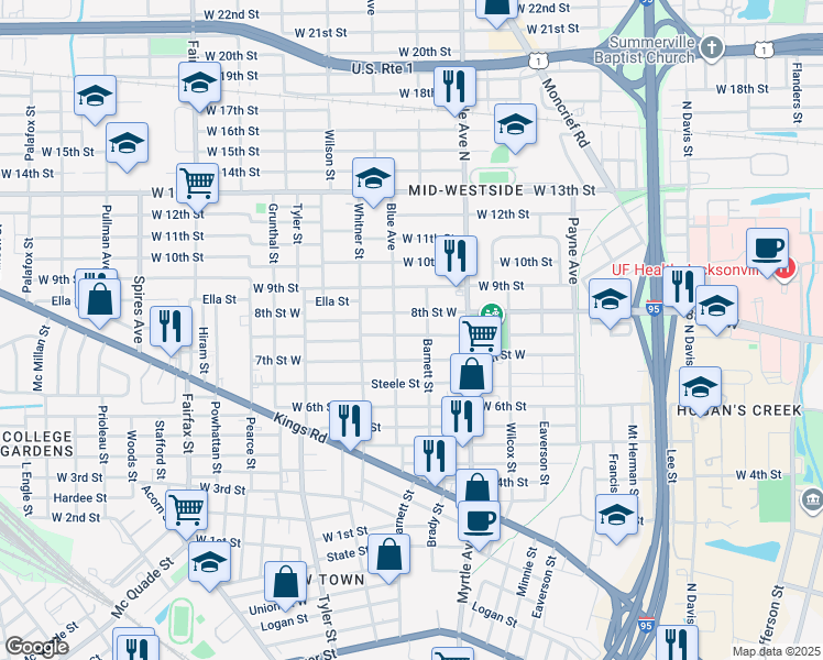 map of restaurants, bars, coffee shops, grocery stores, and more near 1428 Mc Conihe Street in Jacksonville