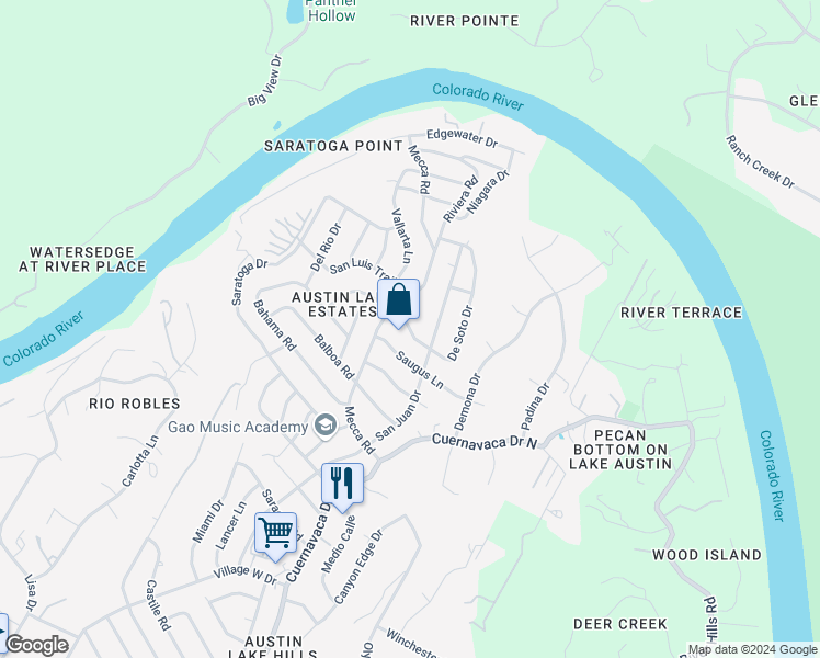 map of restaurants, bars, coffee shops, grocery stores, and more near 2514 De Soto Drive in Austin