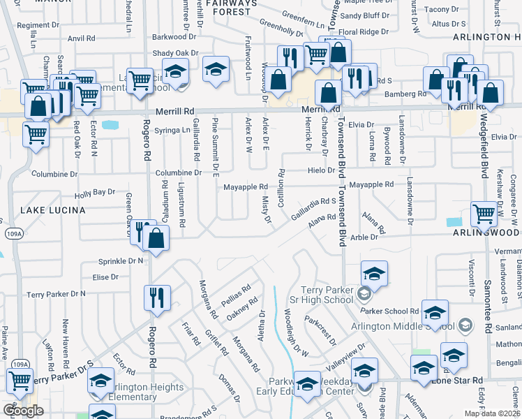 map of restaurants, bars, coffee shops, grocery stores, and more near 2335 Misty Drive in Jacksonville