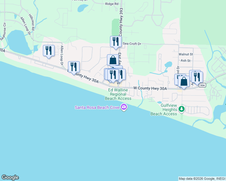 map of restaurants, bars, coffee shops, grocery stores, and more near 4451 West County Highway 30A in Santa Rosa Beach