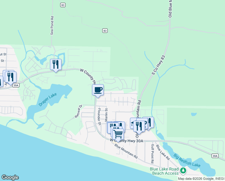 map of restaurants, bars, coffee shops, grocery stores, and more near 105 Ventana Boulevard in Santa Rosa Beach