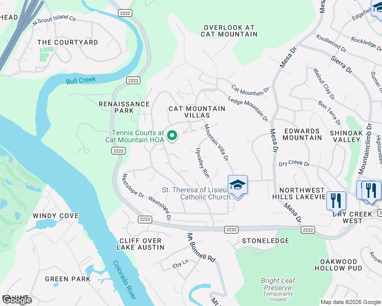 map of restaurants, bars, coffee shops, grocery stores, and more near 5902 Down Valley Court in Austin
