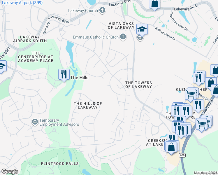 map of restaurants, bars, coffee shops, grocery stores, and more near 37 Wingreen Loop in The Hills