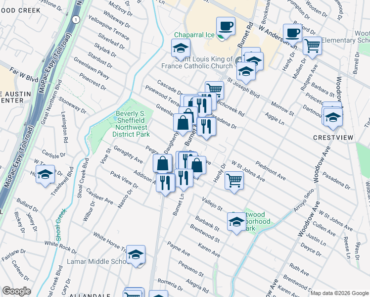 map of restaurants, bars, coffee shops, grocery stores, and more near Burnet Rd & Cullen Ave in Austin