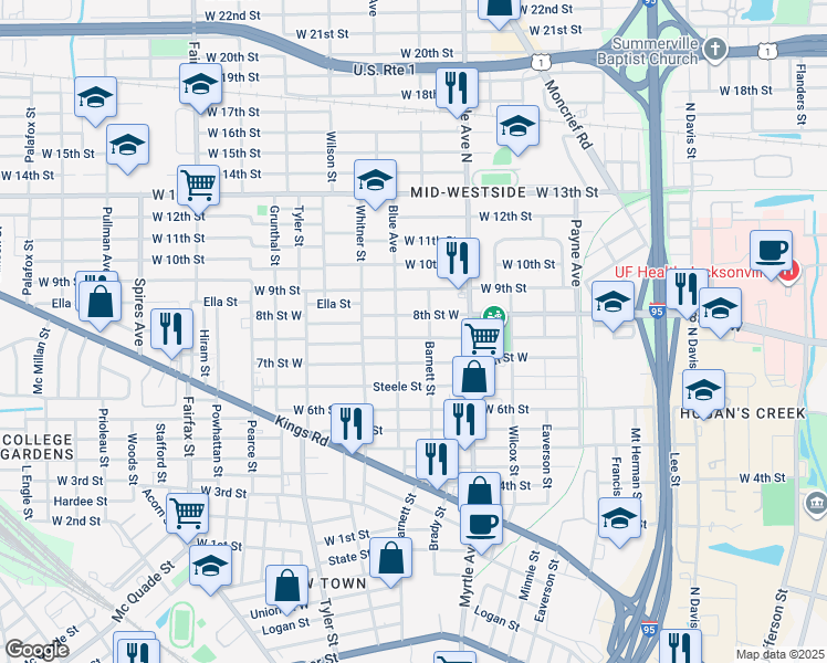 map of restaurants, bars, coffee shops, grocery stores, and more near 1428 Mc Conihe Street in Jacksonville