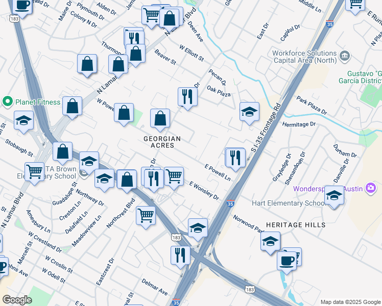 map of restaurants, bars, coffee shops, grocery stores, and more near 302 East Powell Lane in Austin