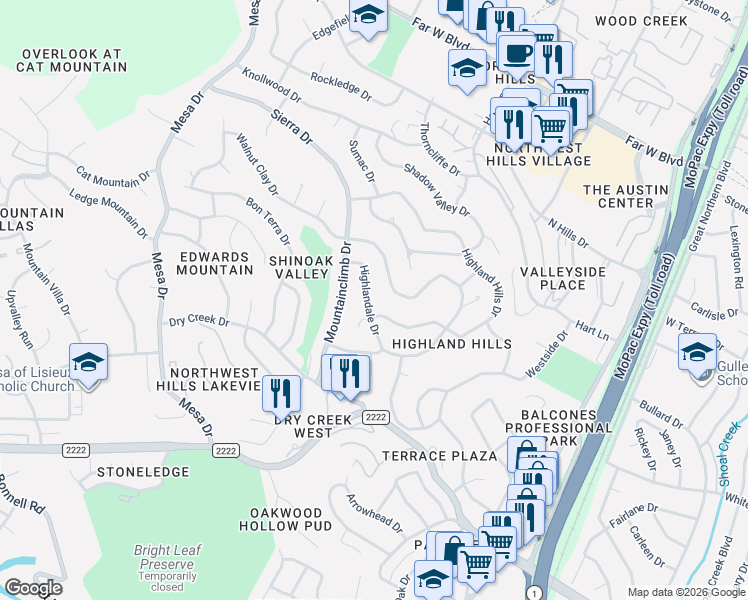 map of restaurants, bars, coffee shops, grocery stores, and more near 3708 Highland View Drive in Austin