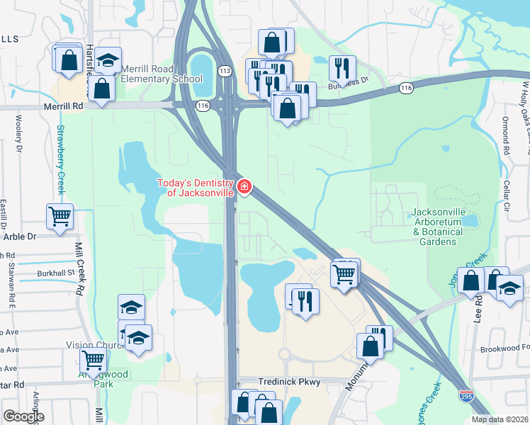map of restaurants, bars, coffee shops, grocery stores, and more near 1584 Landau Road in Jacksonville