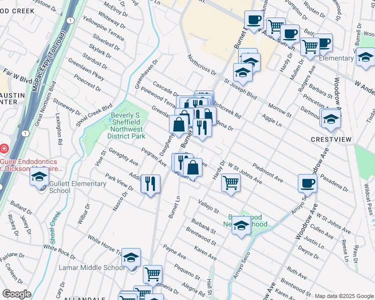 map of restaurants, bars, coffee shops, grocery stores, and more near 2106 Cullen Avenue in Austin