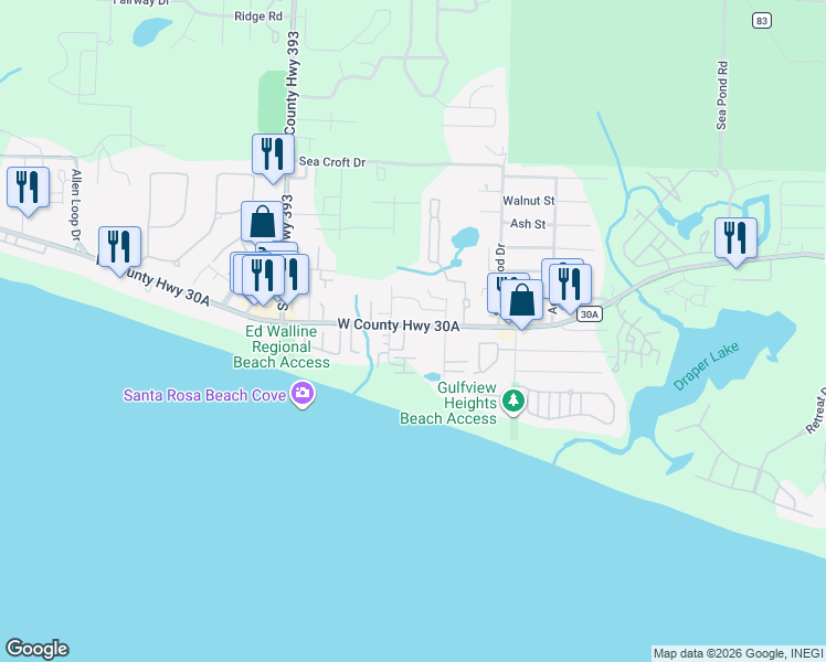 map of restaurants, bars, coffee shops, grocery stores, and more near 4049 West County Highway 30A in Santa Rosa Beach