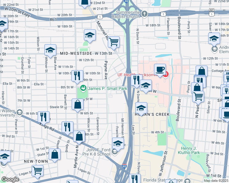 map of restaurants, bars, coffee shops, grocery stores, and more near 1741 Francis Street in Jacksonville