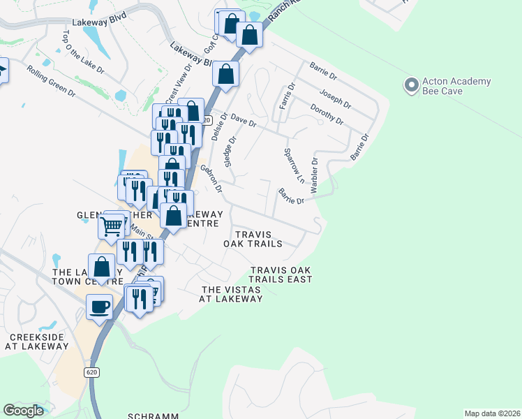 map of restaurants, bars, coffee shops, grocery stores, and more near 15200 Gebron Drive in Austin