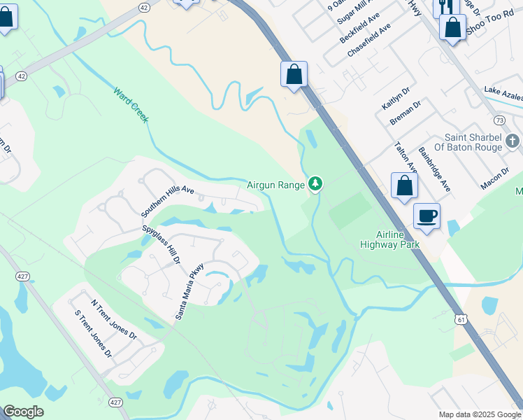 map of restaurants, bars, coffee shops, grocery stores, and more near 19895 Southern Hills Avenue in Baton Rouge