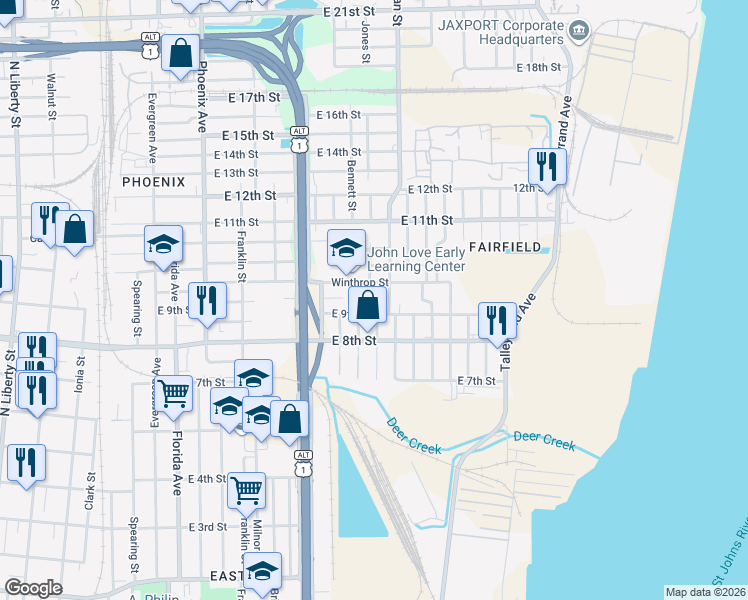 map of restaurants, bars, coffee shops, grocery stores, and more near 1540 East 9th Street in Jacksonville