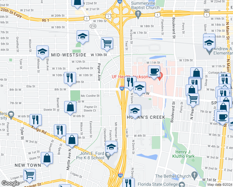map of restaurants, bars, coffee shops, grocery stores, and more near 1757 Mount Herman Street in Jacksonville