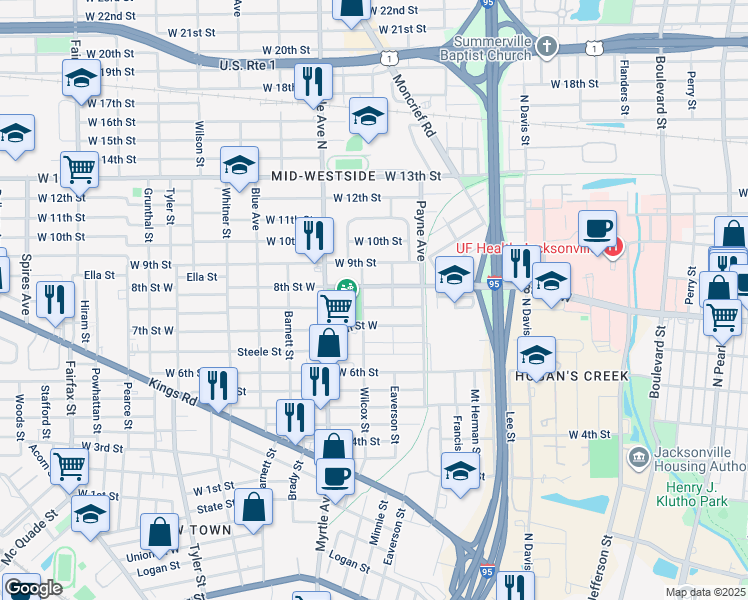 map of restaurants, bars, coffee shops, grocery stores, and more near 1230 Mc Conihe Street in Jacksonville