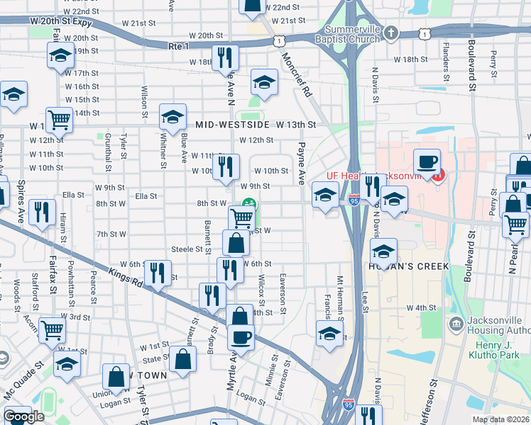map of restaurants, bars, coffee shops, grocery stores, and more near 1230 Mc Conihe Street in Jacksonville